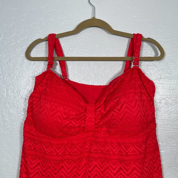 Catalina Women Plus Size 3X Red Crochet Tankini Swim Top Padded Beach Summer - Picture 3 of 11